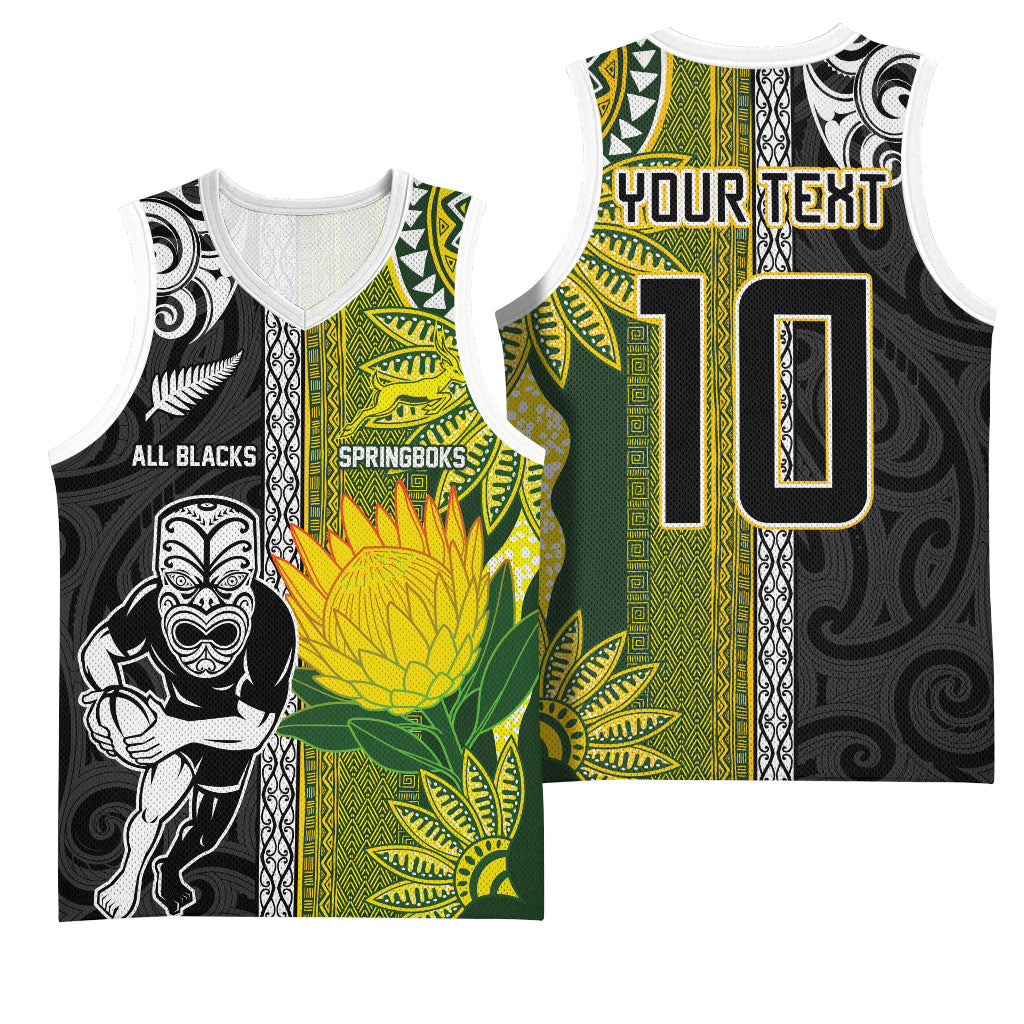 Custom Rugby New Zealand and South Africa Basketball Jersey Greatest Rivalry Silver Fern and Antelope
