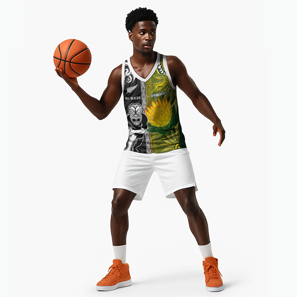 Custom Rugby New Zealand and South Africa Basketball Jersey Greatest Rivalry Silver Fern and Antelope