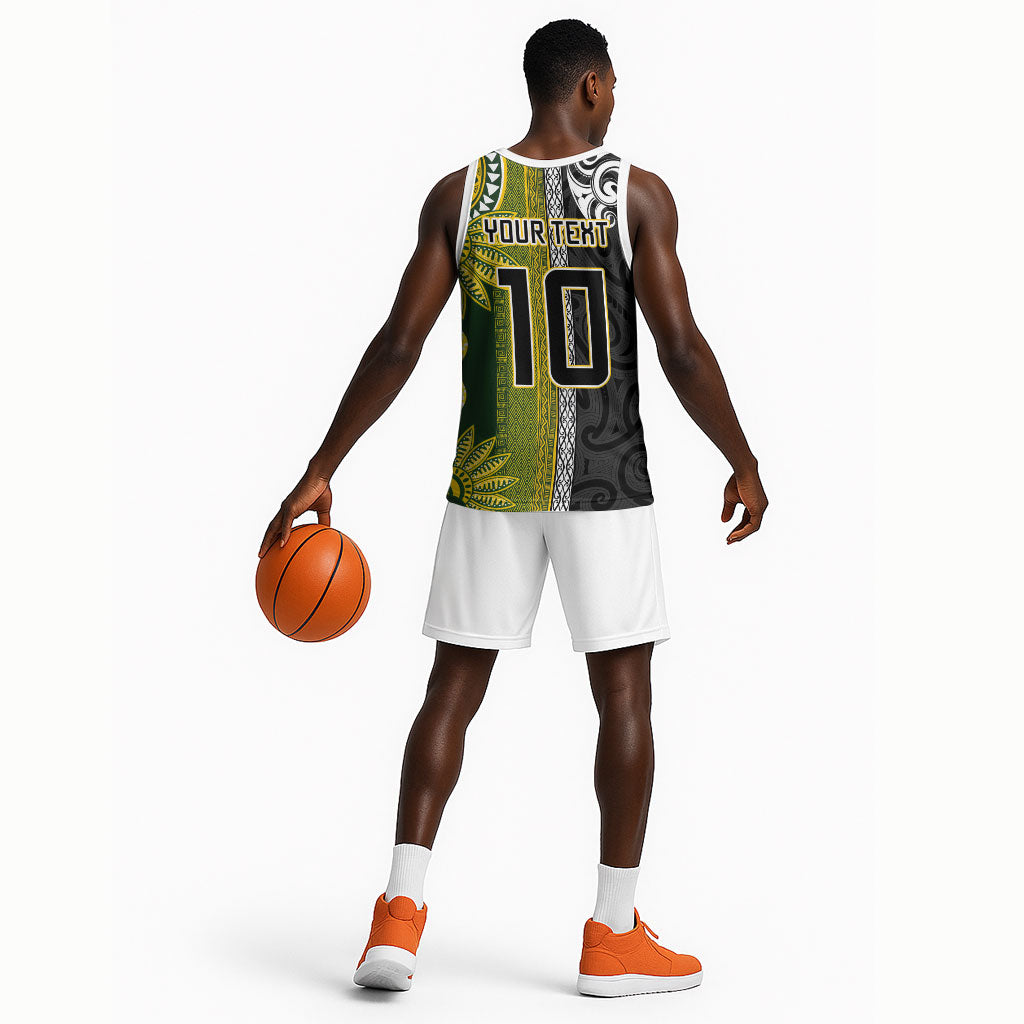 Custom Rugby New Zealand and South Africa Basketball Jersey Greatest Rivalry Silver Fern and Antelope
