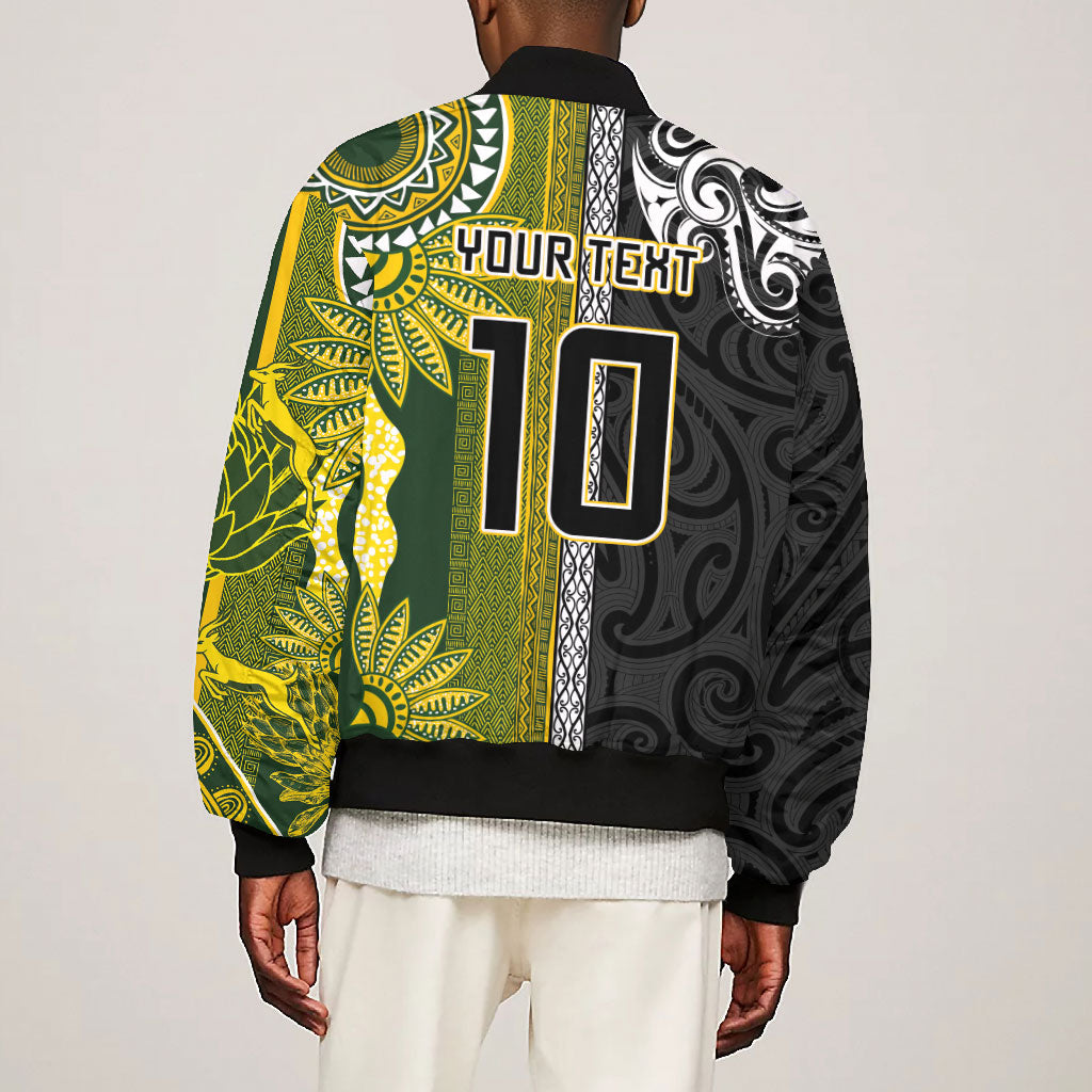 Custom Rugby New Zealand and South Africa Bomber Jacket Greatest Rivalry Silver Fern and Antelope