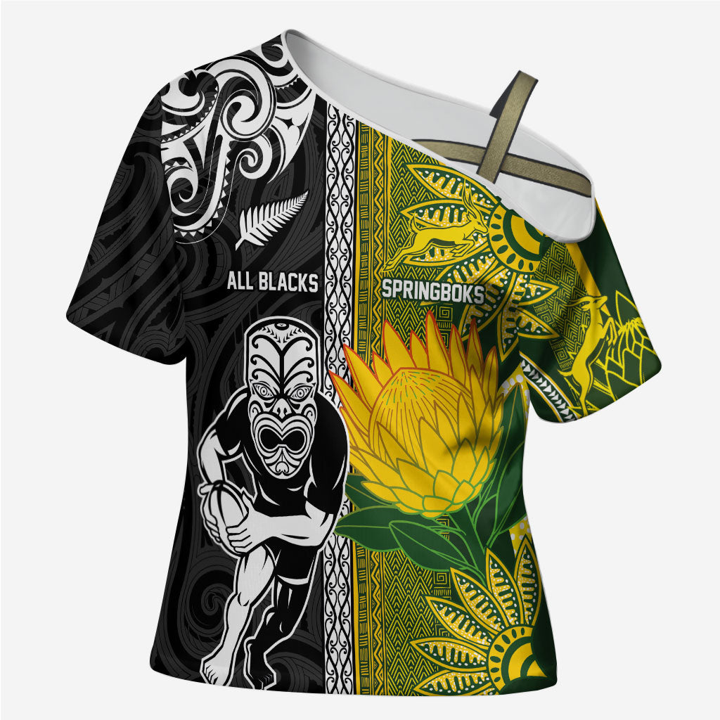 Custom Rugby New Zealand and South Africa Cross Shoulder Shirt Greatest Rivalry Silver Fern and Antelope