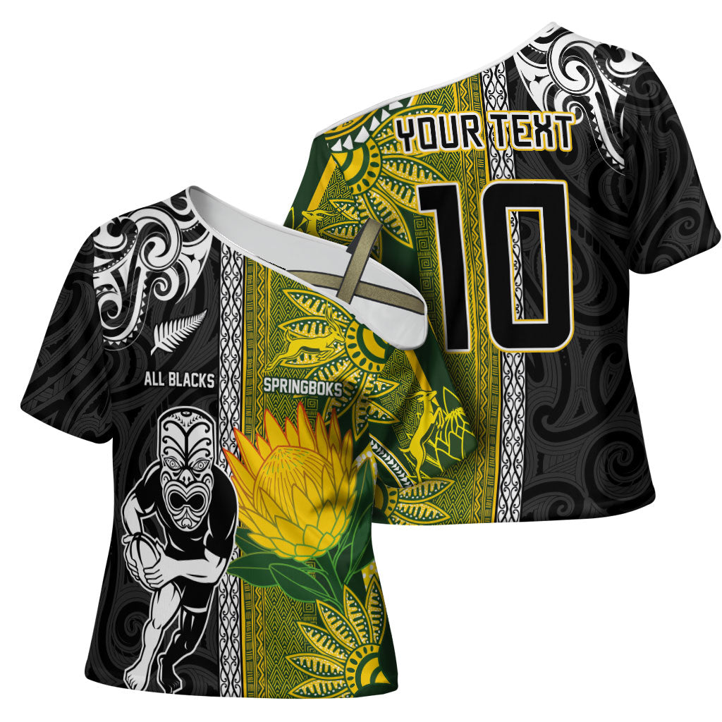 Custom Rugby New Zealand and South Africa Cross Shoulder Shirt Greatest Rivalry Silver Fern and Antelope