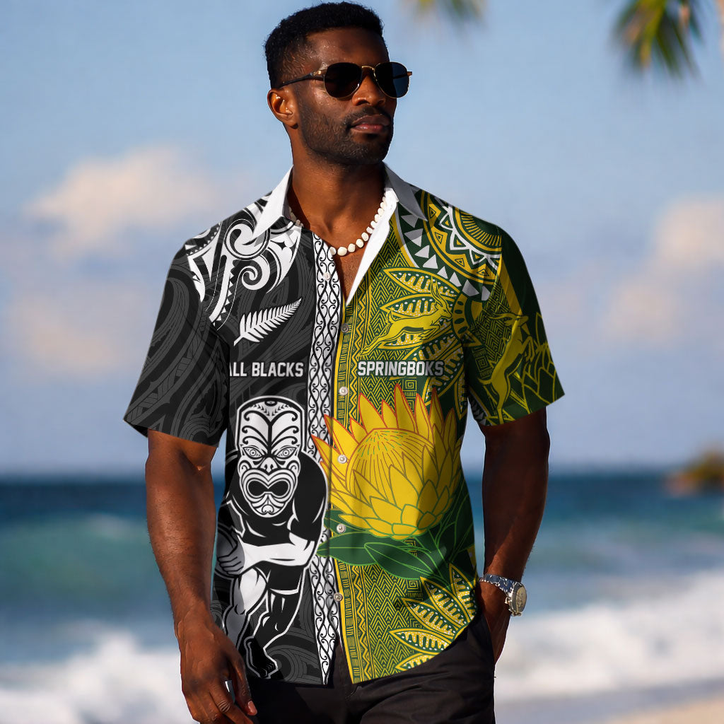 Custom Rugby New Zealand and South Africa Hawaiian Shirt Greatest Rivalry Silver Fern and Antelope
