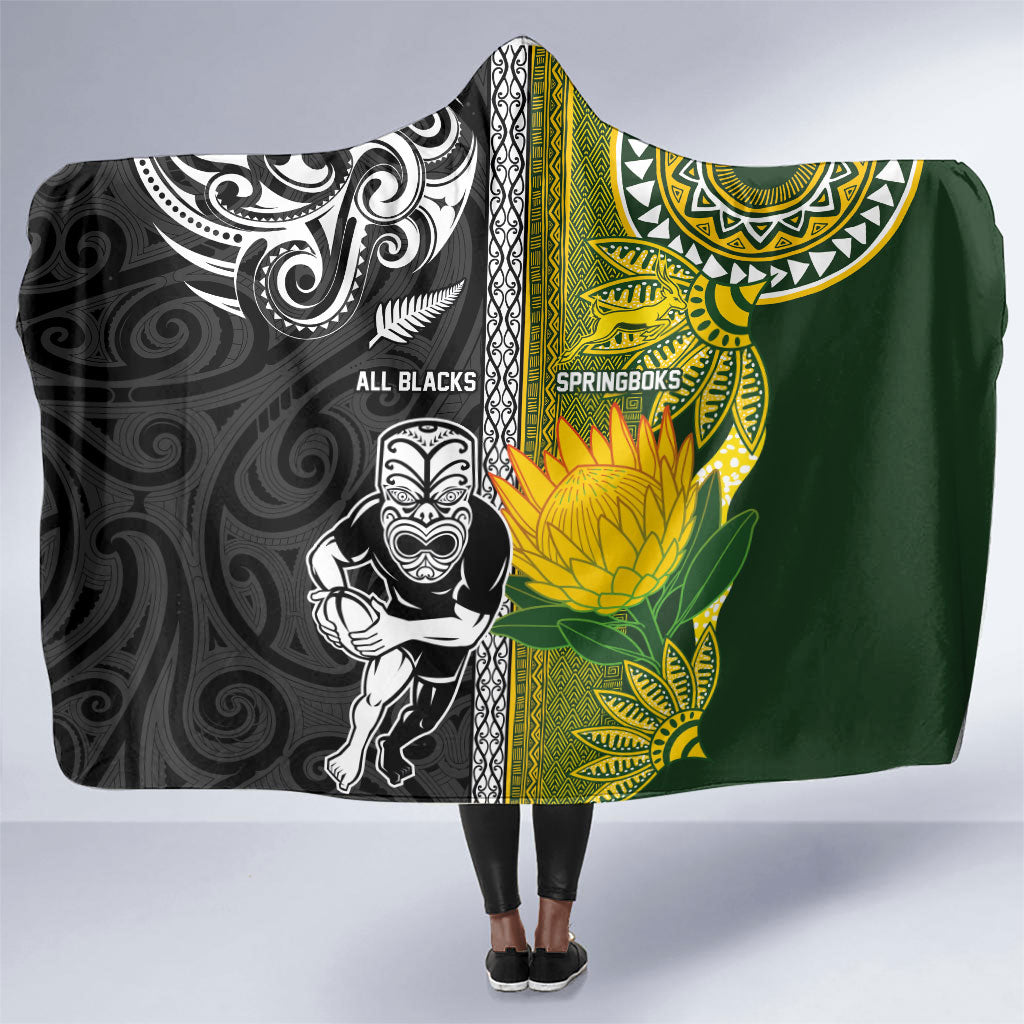 Rugby New Zealand and South Africa Hooded Blanket Greatest Rivalry Silver Fern and Antelope
