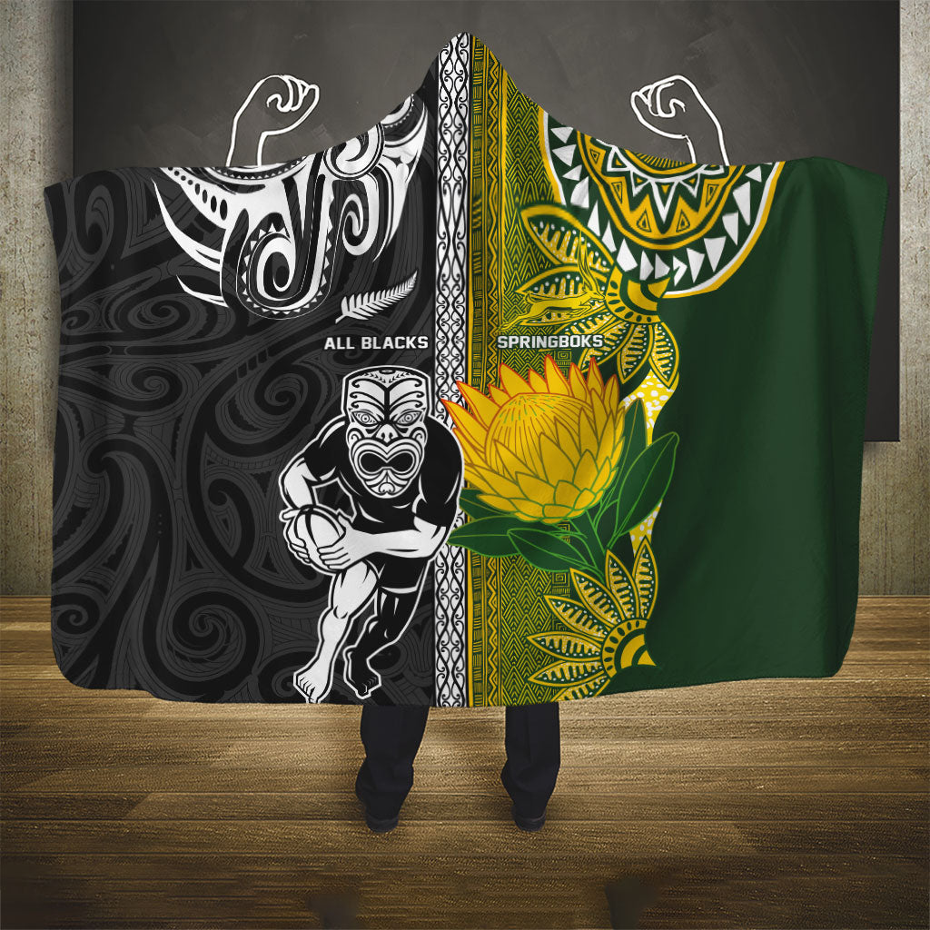 Rugby New Zealand and South Africa Hooded Blanket Greatest Rivalry Silver Fern and Antelope