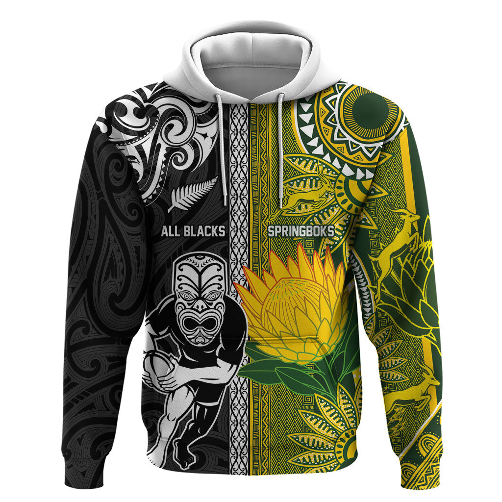 Custom Rugby New Zealand and South Africa Hoodie Greatest Rivalry Silver Fern and Antelope