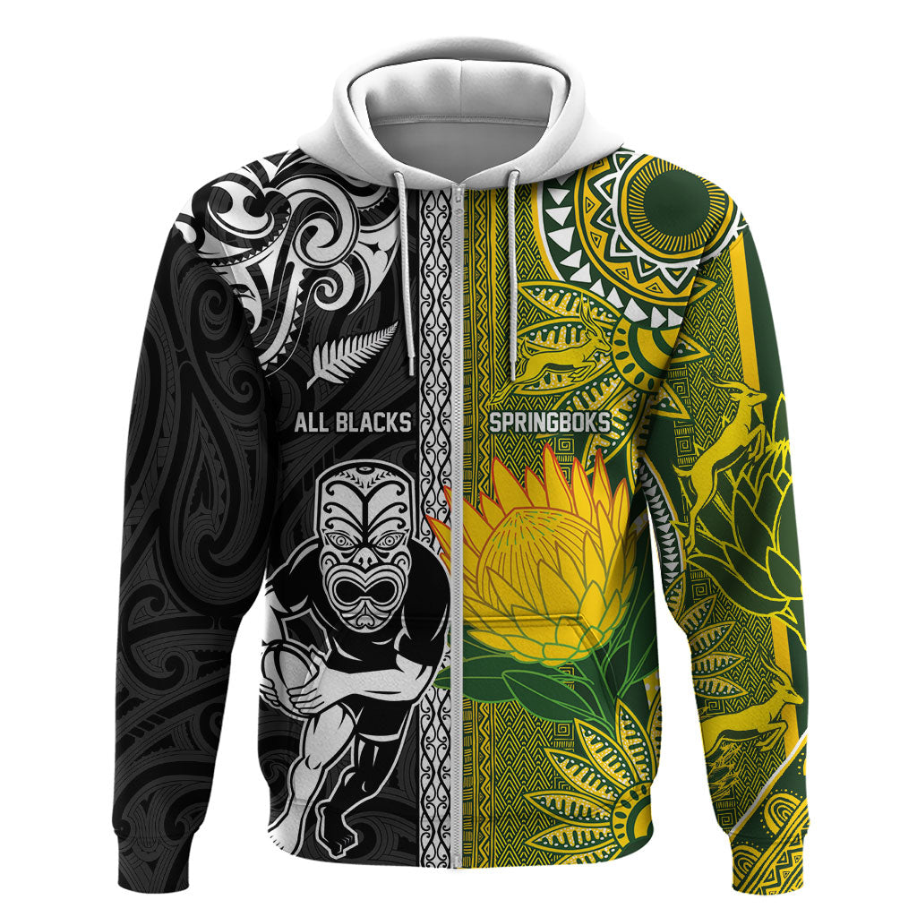 Custom Rugby New Zealand and South Africa Hoodie Greatest Rivalry Silver Fern and Antelope
