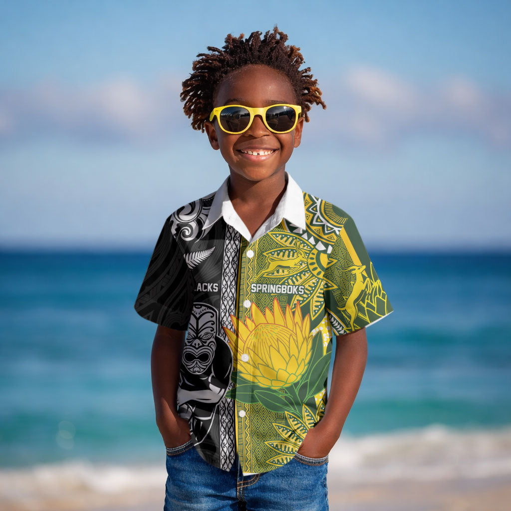 Custom Rugby New Zealand and South Africa Kid Hawaiian Shirt Greatest Rivalry Silver Fern and Antelope