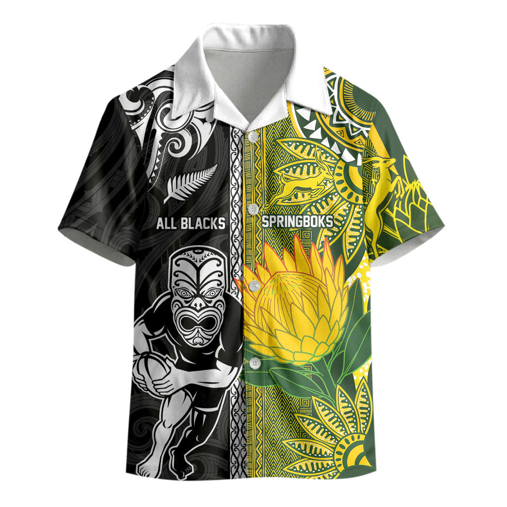 Custom Rugby New Zealand and South Africa Kid Hawaiian Shirt Greatest Rivalry Silver Fern and Antelope