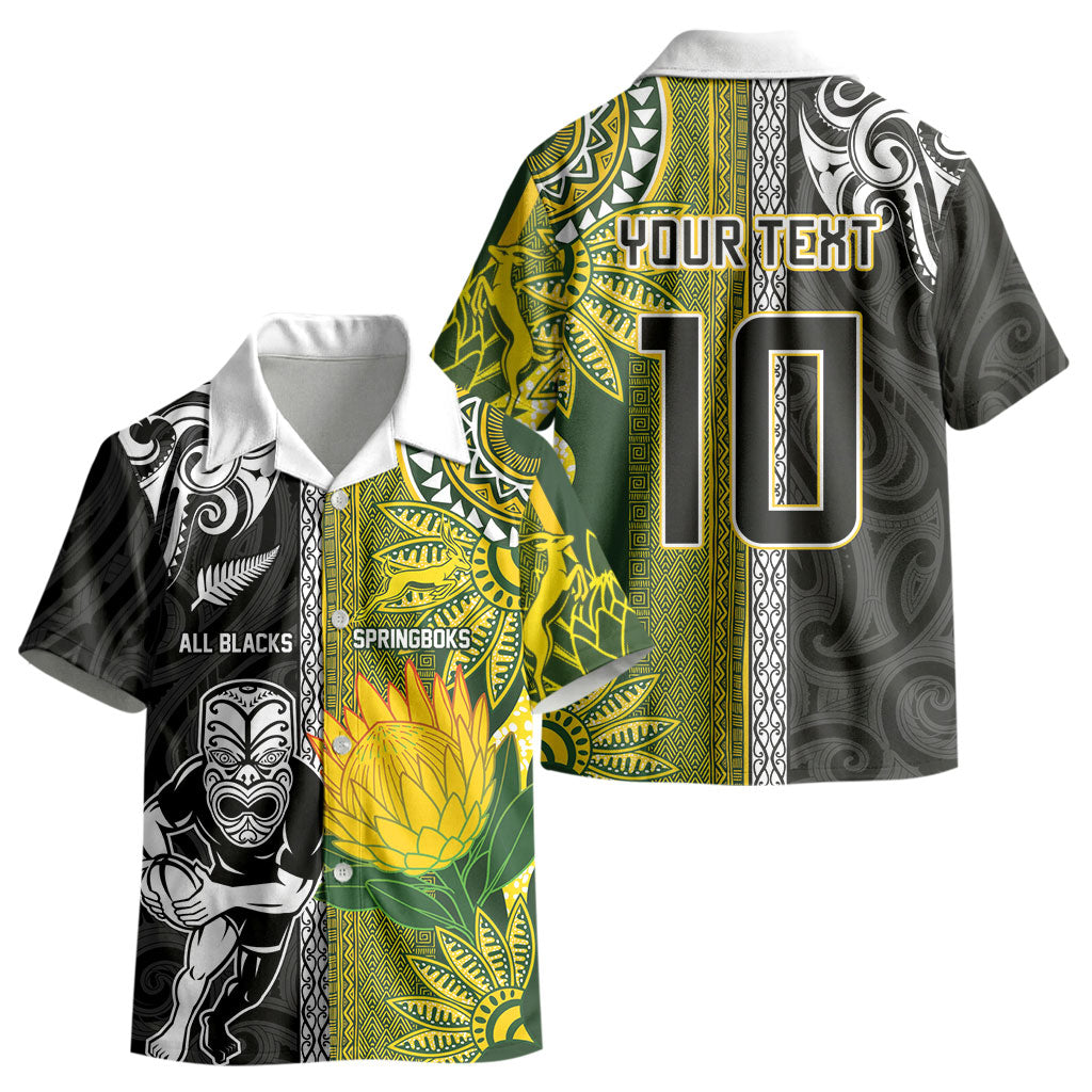 Custom Rugby New Zealand and South Africa Kid Hawaiian Shirt Greatest Rivalry Silver Fern and Antelope