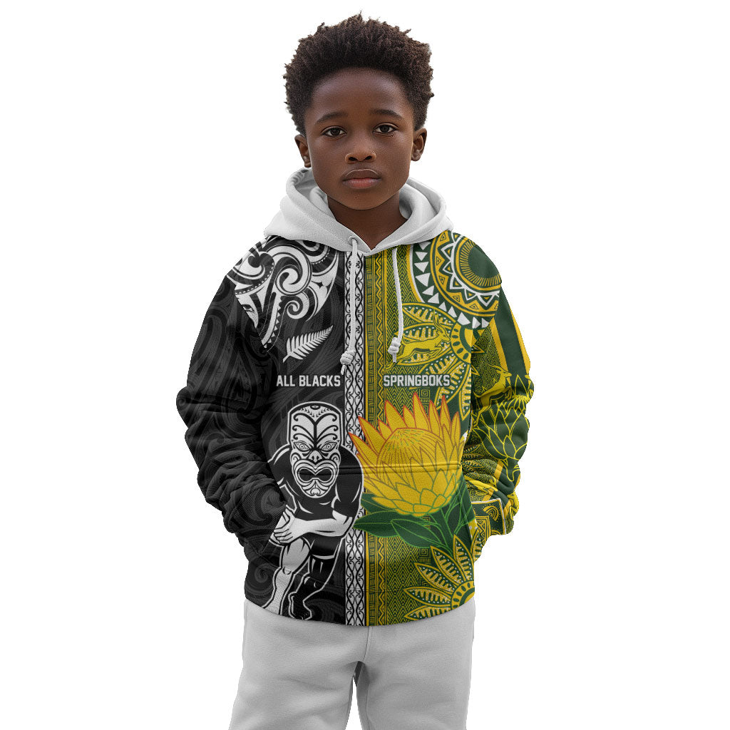 Custom Rugby New Zealand and South Africa Kid Hoodie Greatest Rivalry Silver Fern and Antelope