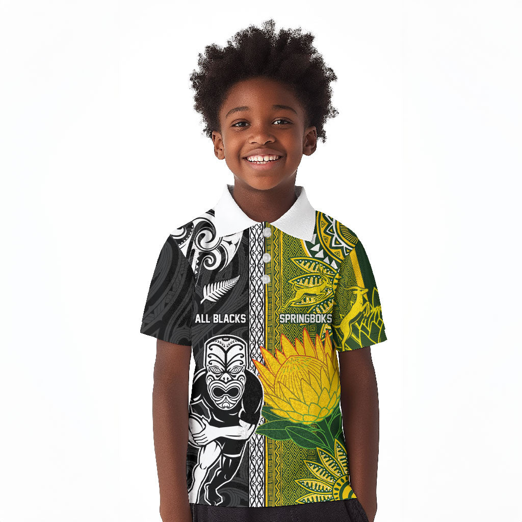 Custom Rugby New Zealand and South Africa Kid Polo Shirt Greatest Rivalry Silver Fern and Antelope