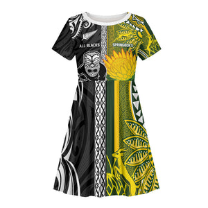Custom Rugby New Zealand and South Africa Kid Short Sleeve Dress Greatest Rivalry Silver Fern and Antelope
