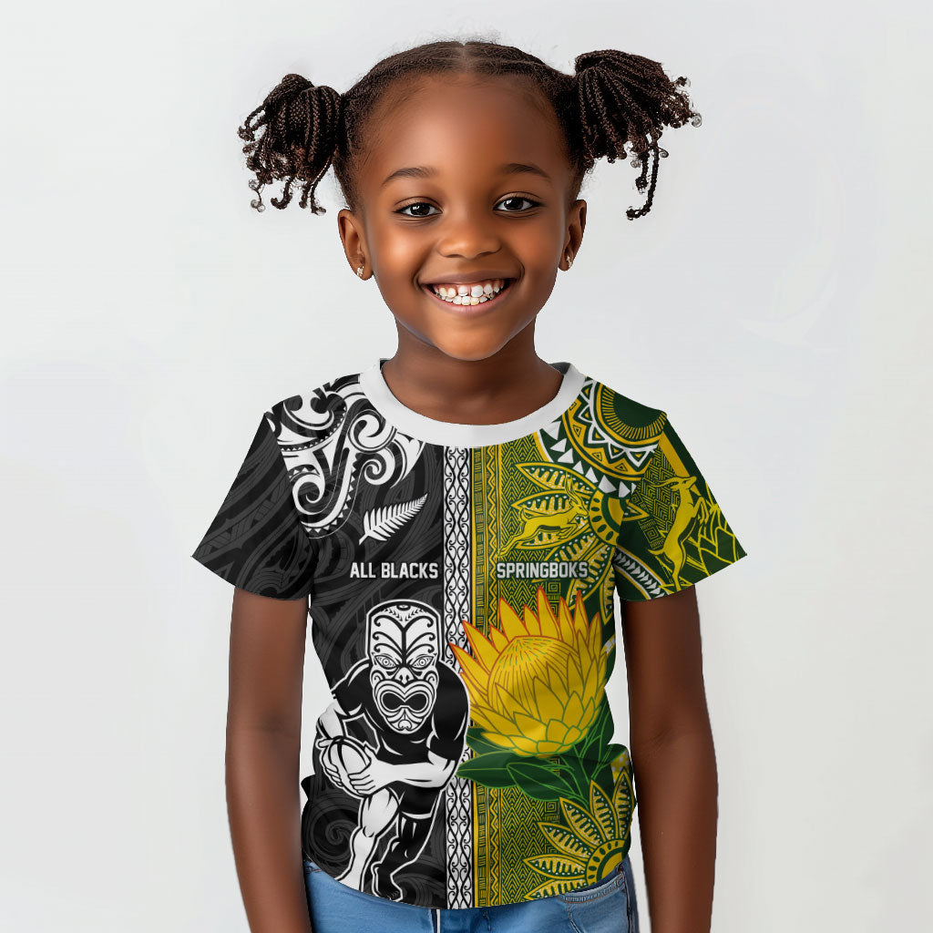 Custom Rugby New Zealand and South Africa Kid T shirt Greatest Rivalry Silver Fern and Antelope