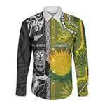 Custom Rugby New Zealand and South Africa Long Sleeve Button Shirt Greatest Rivalry Silver Fern and Antelope