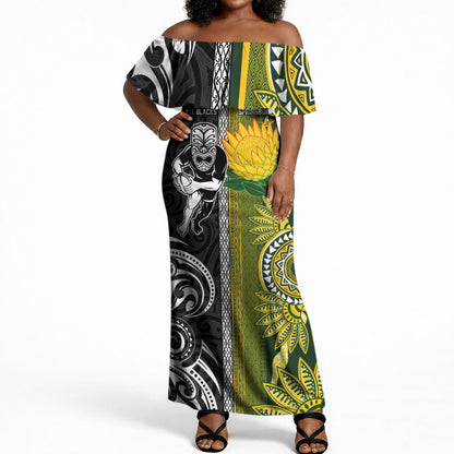 Custom Rugby New Zealand and South Africa Off Shoulder Maxi Dress Greatest Rivalry Silver Fern and Antelope