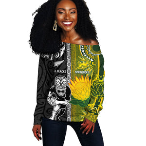 Custom Rugby New Zealand and South Africa Off Shoulder Sweater Greatest Rivalry Silver Fern and Antelope