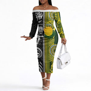 Custom Rugby New Zealand and South Africa Off The Shoulder Long Sleeve Dress Greatest Rivalry Silver Fern and Antelope