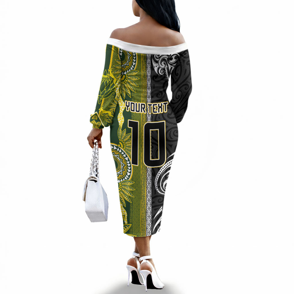 Custom Rugby New Zealand and South Africa Off The Shoulder Long Sleeve Dress Greatest Rivalry Silver Fern and Antelope