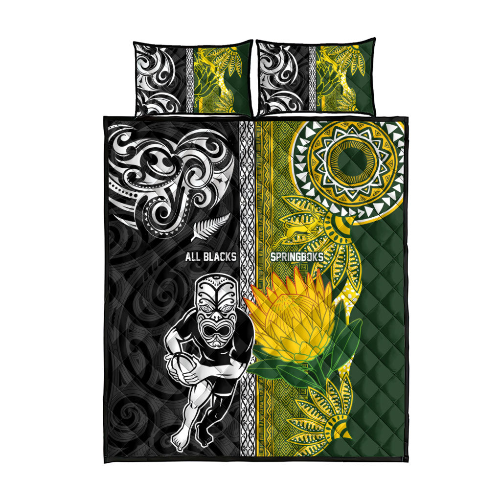 Rugby New Zealand and South Africa Quilt Bed Set Greatest Rivalry Silver Fern and Antelope