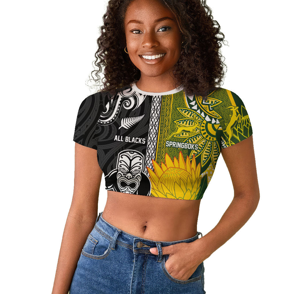 Custom Rugby New Zealand and South Africa Raglan Cropped T shirt Greatest Rivalry Silver Fern and Antelope