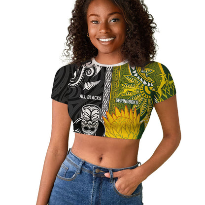 Custom Rugby New Zealand and South Africa Raglan Cropped T shirt Greatest Rivalry Silver Fern and Antelope
