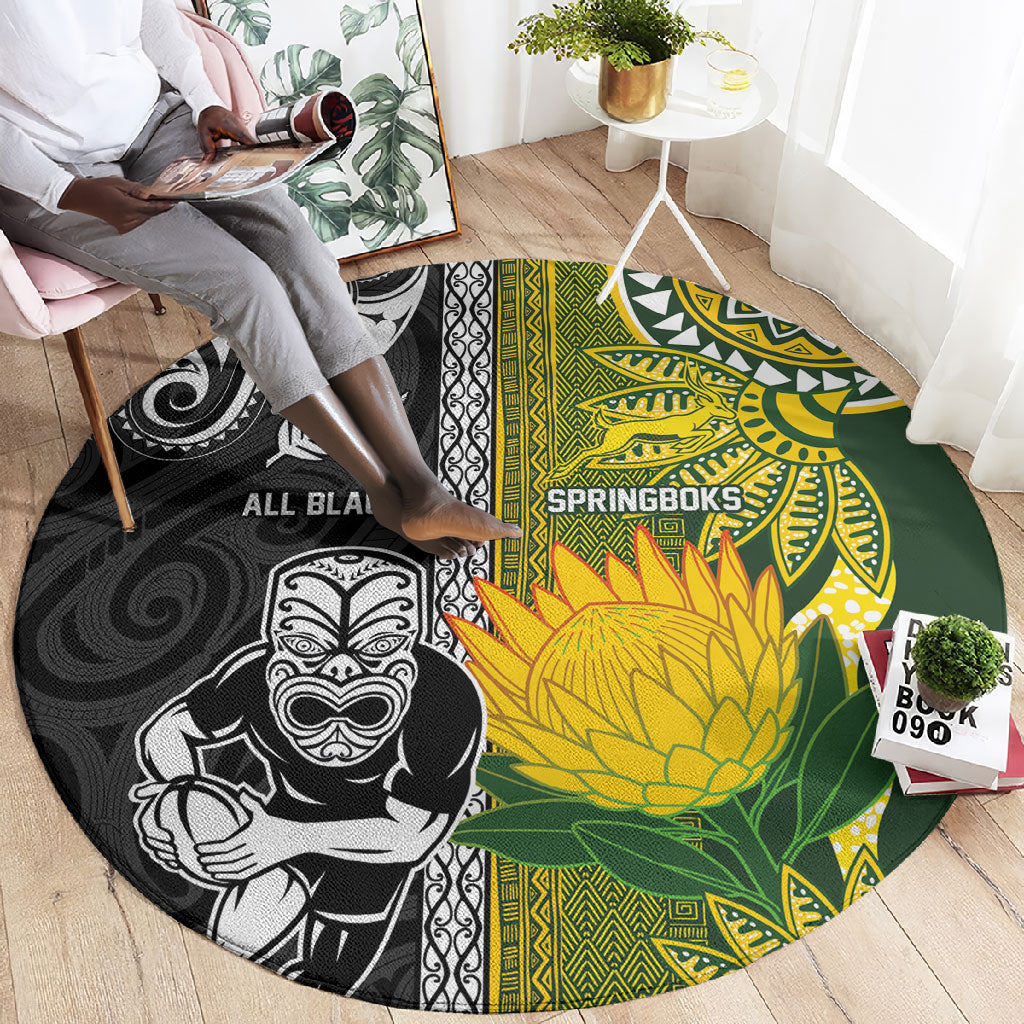 Rugby New Zealand and South Africa Round Carpet Greatest Rivalry Silver Fern and Antelope