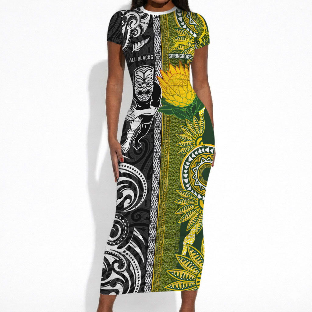 Custom Rugby New Zealand and South Africa Short Sleeve Bodycon Dress Greatest Rivalry Silver Fern and Antelope