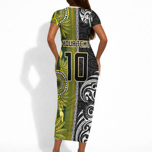 Custom Rugby New Zealand and South Africa Short Sleeve Bodycon Dress Greatest Rivalry Silver Fern and Antelope
