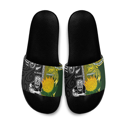 Rugby New Zealand and South Africa Slide Sandals Greatest Rivalry Silver Fern and Antelope