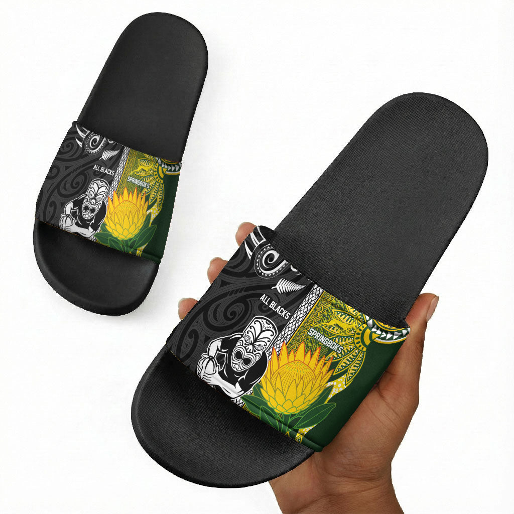 Rugby New Zealand and South Africa Slide Sandals Greatest Rivalry Silver Fern and Antelope