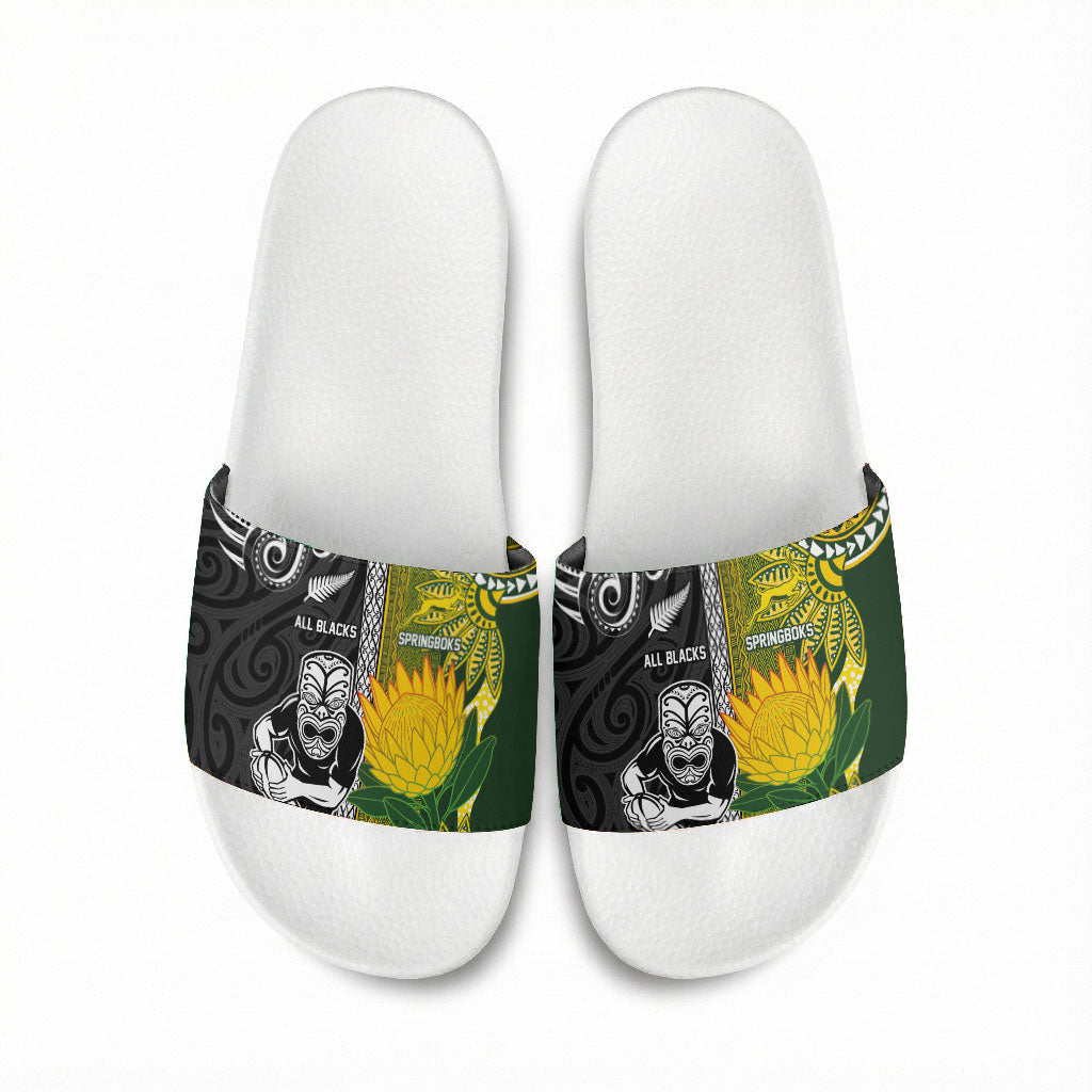 Rugby New Zealand and South Africa Slide Sandals Greatest Rivalry Silver Fern and Antelope