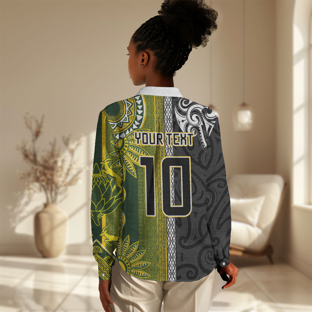 Custom Rugby New Zealand and South Africa Women Casual Shirt Greatest Rivalry Silver Fern and Antelope