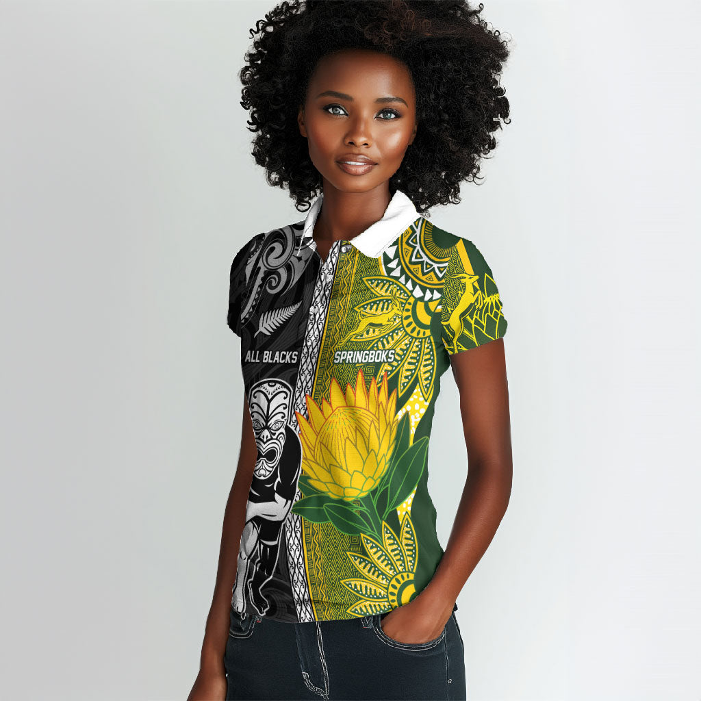 Custom Rugby New Zealand and South Africa Women Polo Shirt Greatest Rivalry Silver Fern and Antelope