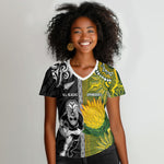 Custom Rugby New Zealand and South Africa Women V-Neck T-Shirt Greatest Rivalry Silver Fern and Antelope