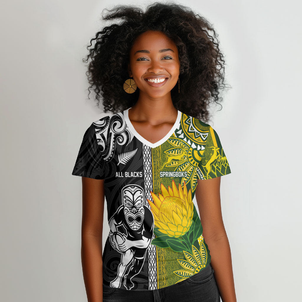 Custom Rugby New Zealand and South Africa Women V-Neck T-Shirt Greatest Rivalry Silver Fern and Antelope