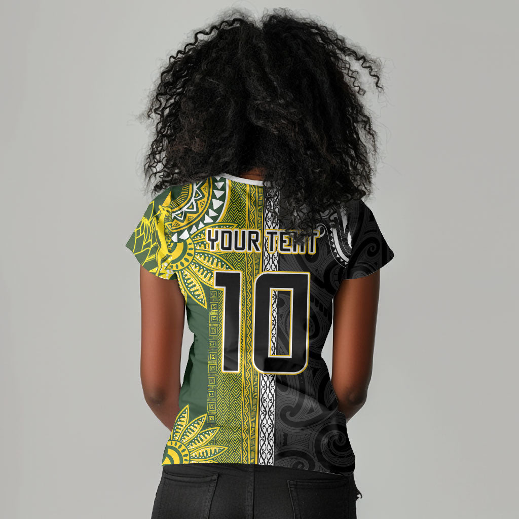 Custom Rugby New Zealand and South Africa Women V-Neck T-Shirt Greatest Rivalry Silver Fern and Antelope