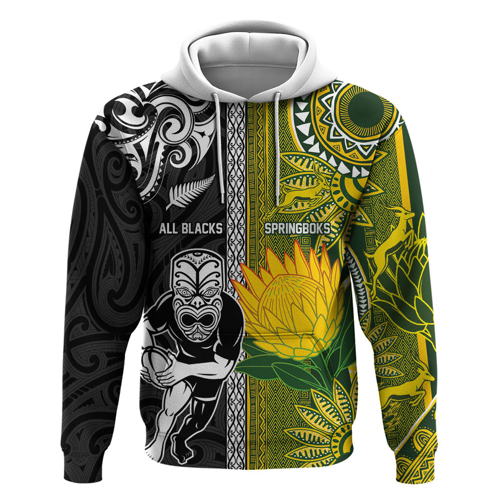 Custom Rugby New Zealand and South Africa Zip Hoodie Greatest Rivalry Silver Fern and Antelope