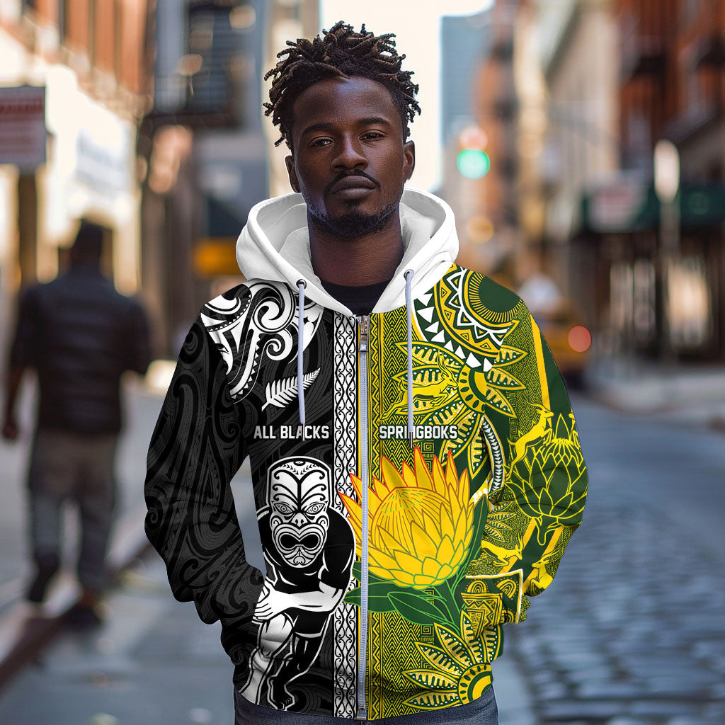 Custom Rugby New Zealand and South Africa Zip Hoodie Greatest Rivalry Silver Fern and Antelope