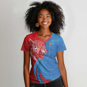 Custom Football 2026 DR Congo Leopards Women V-Neck T-Shirt Lightning Style