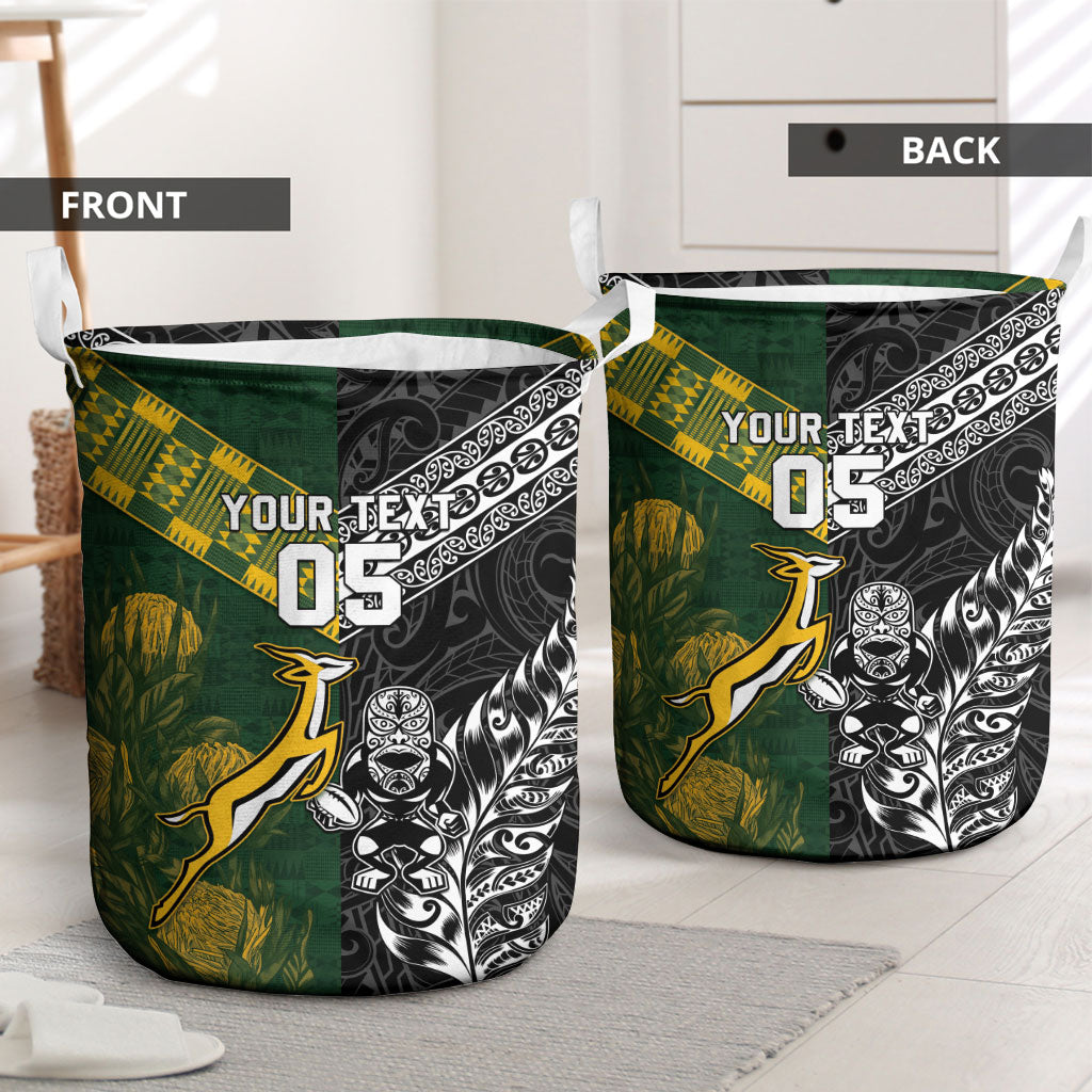 Custom Rugby New Zealand South Africa Laundry Basket Maori Tiki Springboks Together