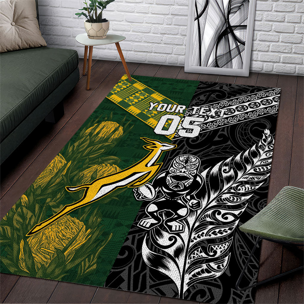 Custom Rugby New Zealand South Africa Area Rug Maori Tiki Springboks Together