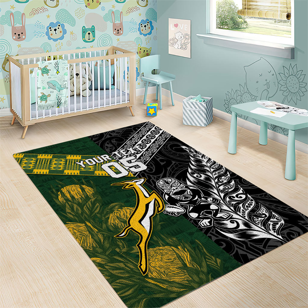 Custom Rugby New Zealand South Africa Area Rug Maori Tiki Springboks Together