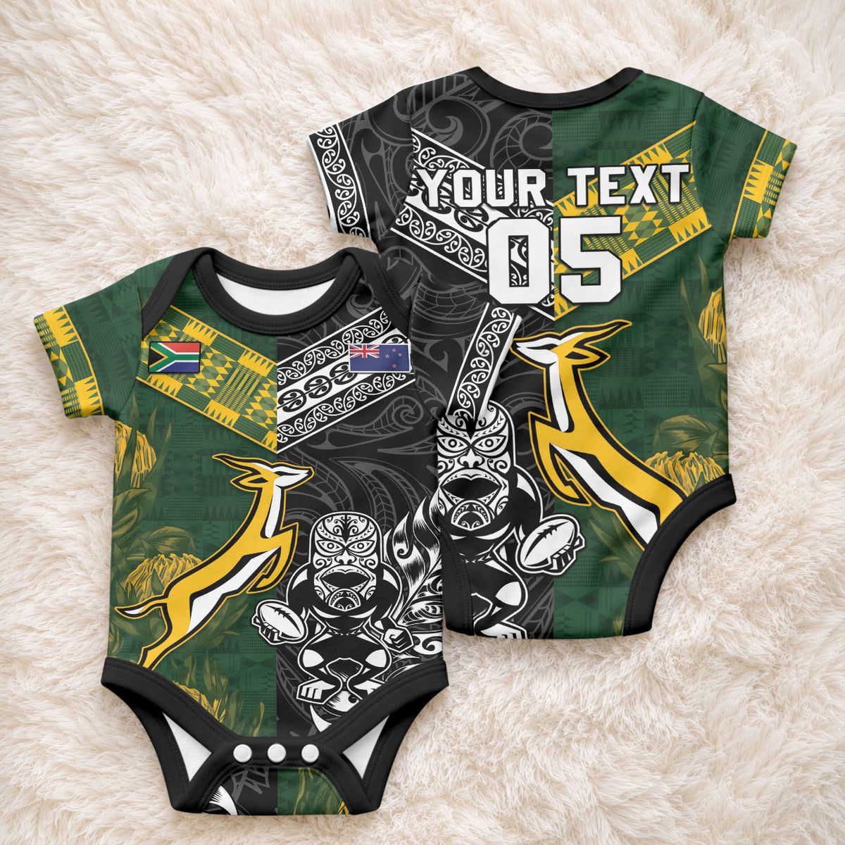 Custom Rugby New Zealand South Africa Baby Onesie Maori Tiki Springboks Together