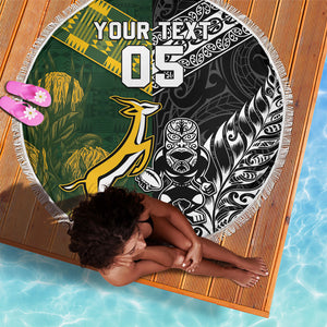 Custom Rugby New Zealand South Africa Beach Blanket Maori Tiki Springboks Together
