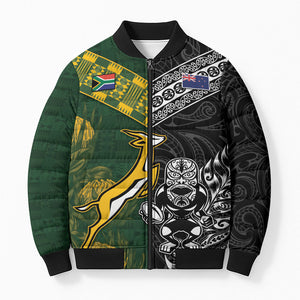 Custom Rugby New Zealand South Africa Bomber Puffer Jacket Maori Tiki Springboks Together