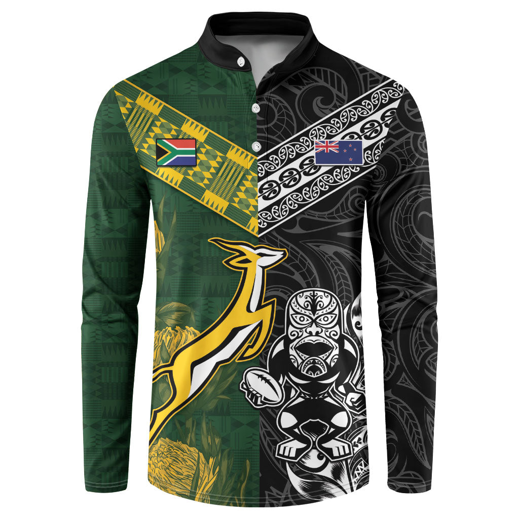 Custom Rugby New Zealand South Africa Button Sweatshirt Maori Tiki Springboks Together