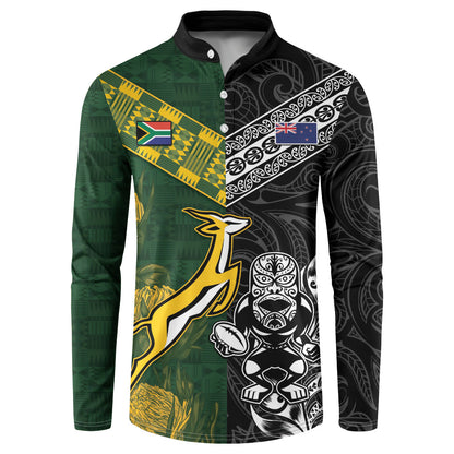 Custom Rugby New Zealand South Africa Button Sweatshirt Maori Tiki Springboks Together