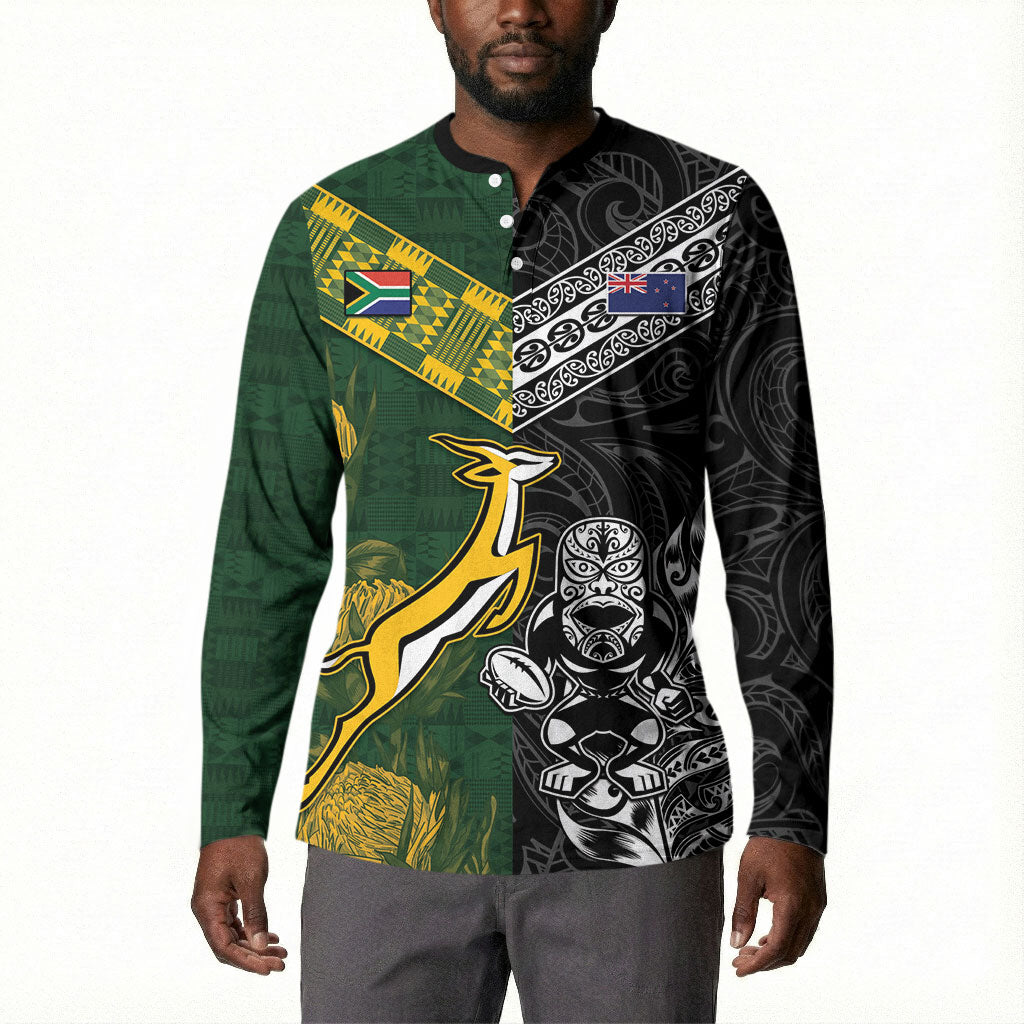 Custom Rugby New Zealand South Africa Button Sweatshirt Maori Tiki Springboks Together
