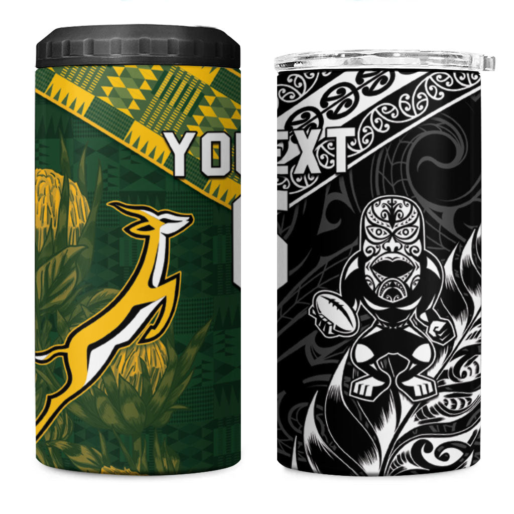 Custom Rugby New Zealand South Africa 4 in 1 Can Cooler Tumbler Maori Tiki Springboks Together